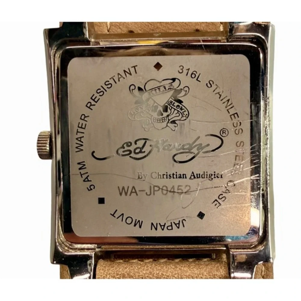 Ed Hardy Christian Audigier WA-JP0452 Skull 45mm Watch‎ Leather Runs Quartz